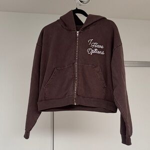 Brown Cropped Hoodie with Embroidered Text “ I Have options “